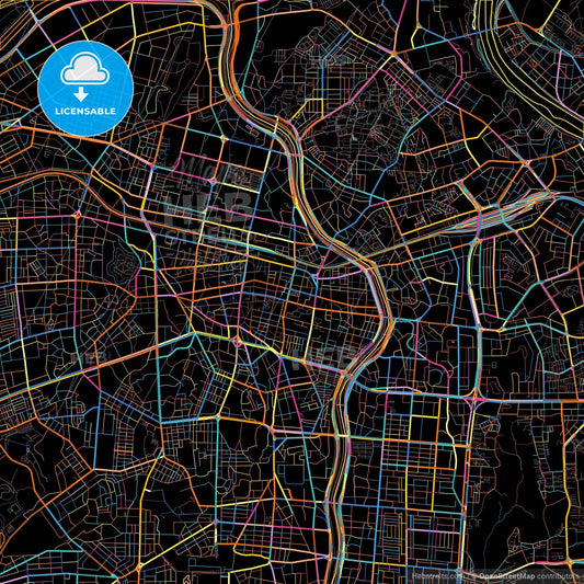 Daegu, South Korea, colorful city map on black background