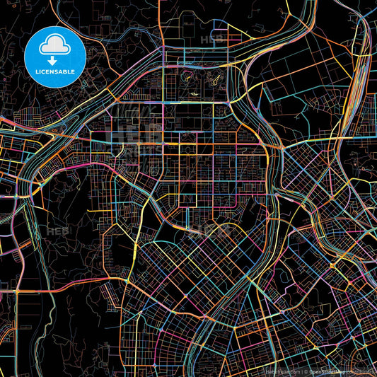 Daejeon, South Korea, colorful city map on black background