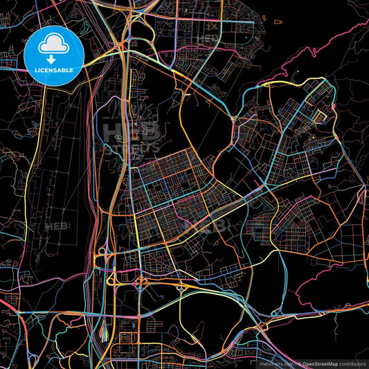 Seongnam, Gyeonggi, South Korea, colorful city map on black background