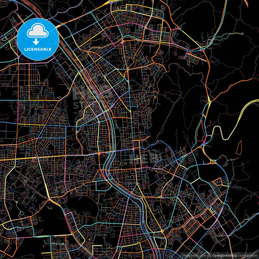 Cheongju, North Chungcheong, South Korea, colorful city map on black background
