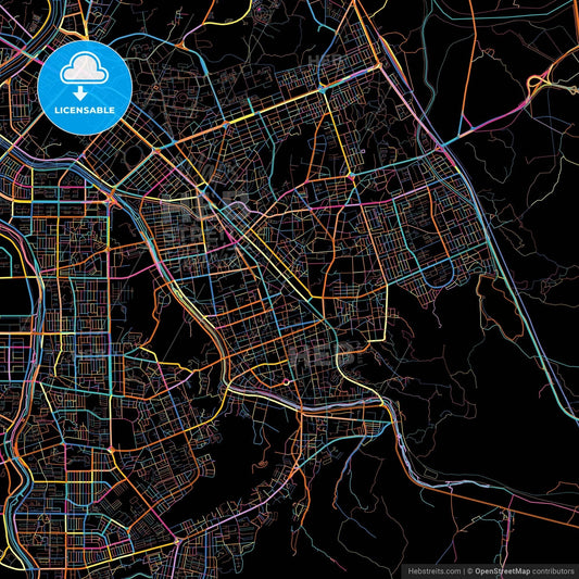 Jeonju, North Jeolla, South Korea, colorful city map on black background