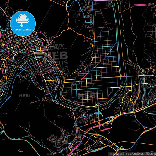 Jinju, South Gyeongsang, South Korea, colorful city map on black background