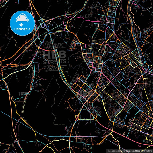 Wonju, Gangwon, South Korea, colorful city map on black background