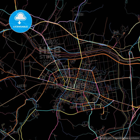 Asan, South Chungcheong, South Korea, colorful city map on black background
