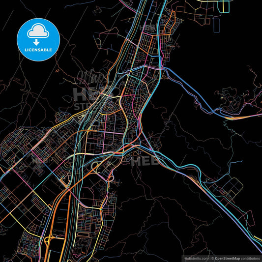 Yangsan, South Gyeongsang, South Korea, colorful city map on black background