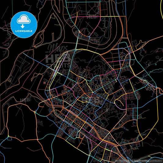 Chuncheon, Gangwon, South Korea, colorful city map on black background
