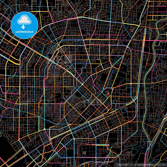 Taichung, Taiwan, colorful city map on black background
