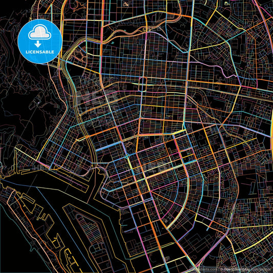 Kaohsiung, Taiwan, colorful city map on black background