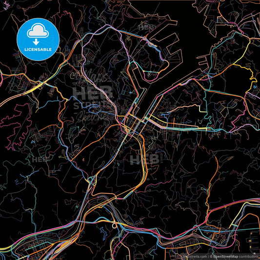 Keelung, Taiwan, colorful city map on black background
