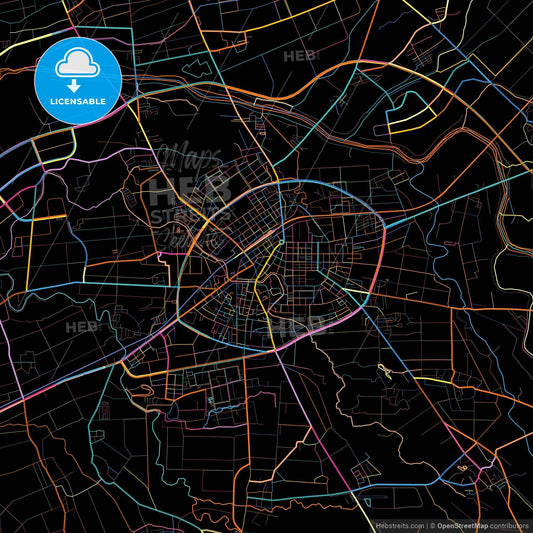 Douliu, Yunlin, Taiwan, colorful city map on black background
