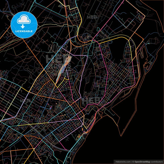 Hualien, Hualien, Taiwan, colorful city map on black background