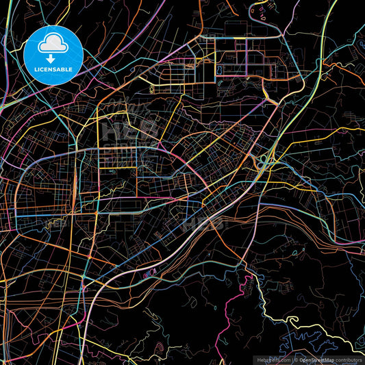 Toufen, Miaoli, Taiwan, colorful city map on black background