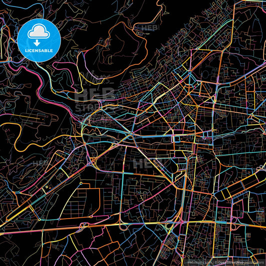 Damascus, Syria, colorful city map on black background