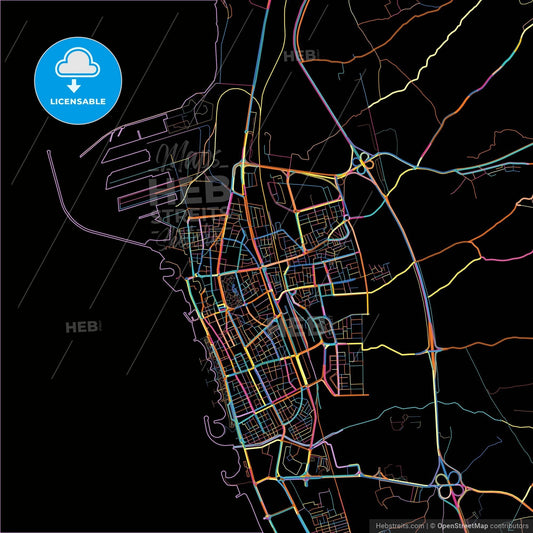 Tartus, Syria, colorful city map on black background