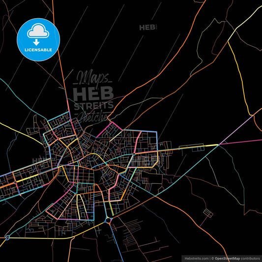 Manbij, Syria, colorful city map on black background