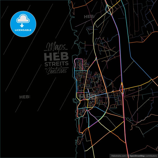 Jableh, Syria, colorful city map on black background