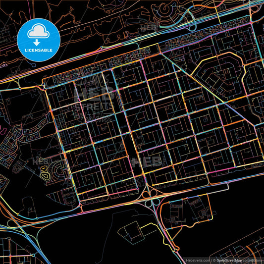 Khalifah A City, United Arab Emirates, colorful city map on black background