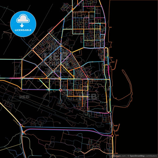 Reef Al Fujairah City, United Arab Emirates, colorful city map on black background