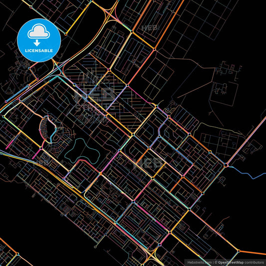 Bani Yas City, United Arab Emirates, colorful city map on black background