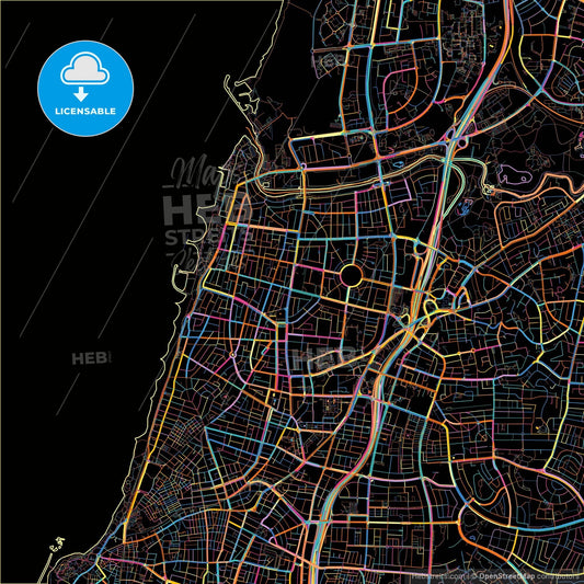 Tel Aviv-Yafo, Tel Aviv, Israel, colorful city map on black background
