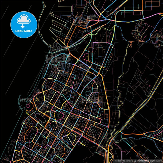 Ashdod, South, Israel, colorful city map on black background