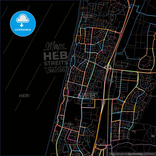 Netanya, Center, Israel, colorful city map on black background