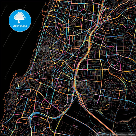 Bnei Brak, Tel Aviv, Israel, colorful city map on black background