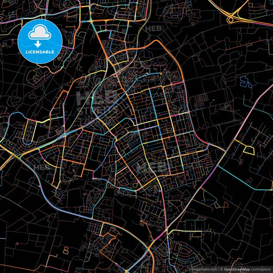 Rehovot, Center, Israel, colorful city map on black background