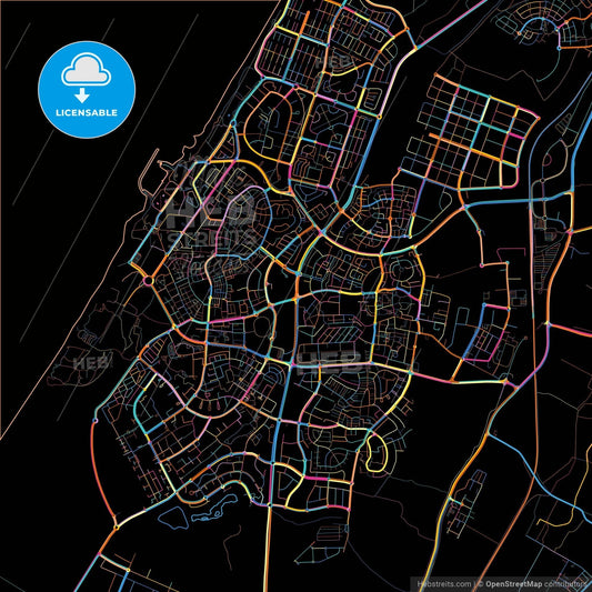 Ashkelon, South, Israel, colorful city map on black background