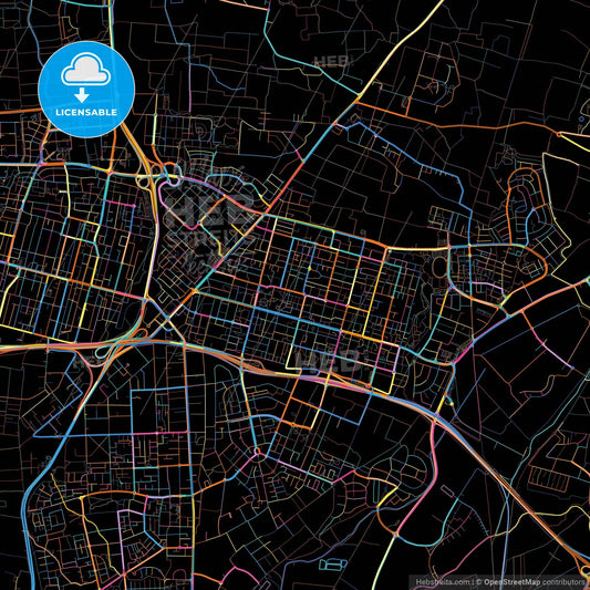 Kfar Saba, Center, Israel, colorful city map on black background