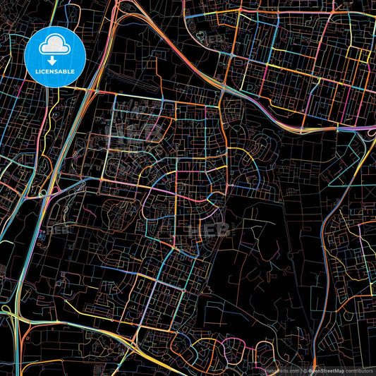 Herzliya, Tel Aviv, Israel, colorful city map on black background