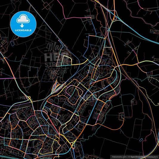 Lod, Center, Israel, colorful city map on black background