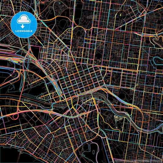 Melbourne, Victoria, Australia, colorful city map on black background