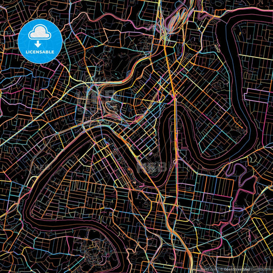 Brisbane, Queensland, Australia, colorful city map on black background
