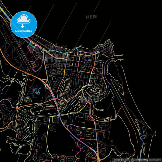 Gold Coast–Tweed Heads, Queensland/New South Wales, Australia, colorful city map on black background