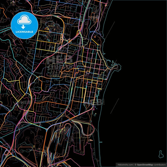 Wollongong, New South Wales, Australia, colorful city map on black background