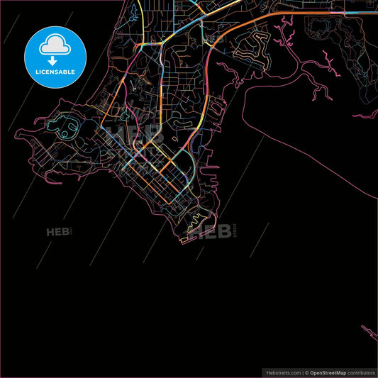 Darwin, Northern Territory, Australia, colorful city map on black background