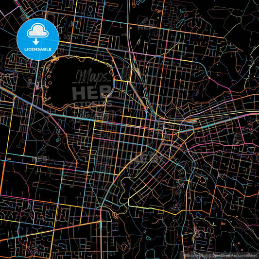 Ballarat, Victoria, Australia, colorful city map on black background
