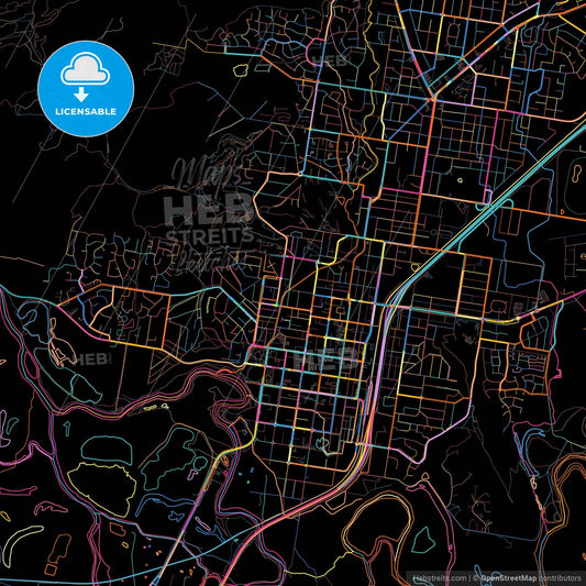 Albury–Wodonga, New South Wales/Victoria, Australia, colorful city map on black background