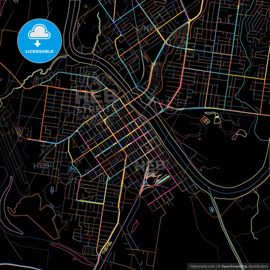 Rockhampton, Queensland, Australia, colorful city map on black background