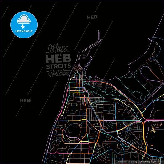 Bunbury, Western Australia, Australia, colorful city map on black background