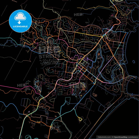 Coffs Harbour, New South Wales, Australia, colorful city map on black background