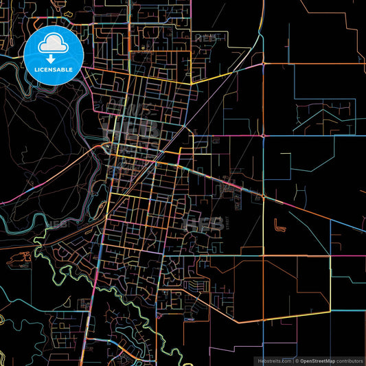 Shepparton–Mooroopna, Victoria, Australia, colorful city map on black background