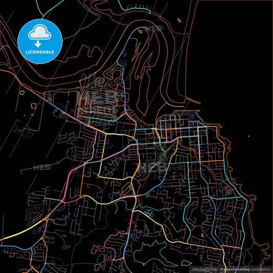 Port Macquarie, New South Wales, Australia, colorful city map on black background