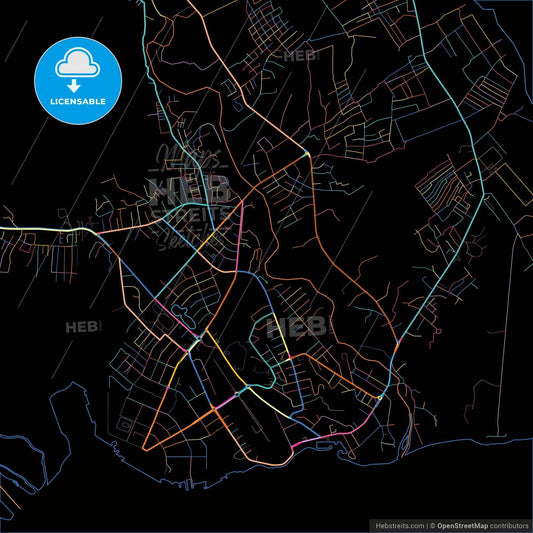 Lae, Morobe, Papua New Guinea, colorful city map on black background