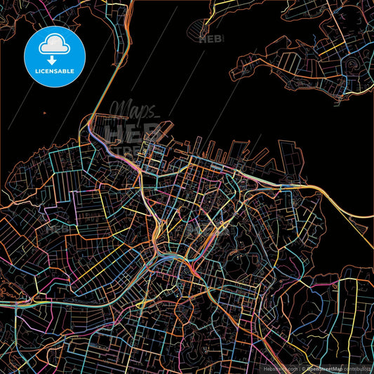 Auckland, New Zealand, colorful city map on black background