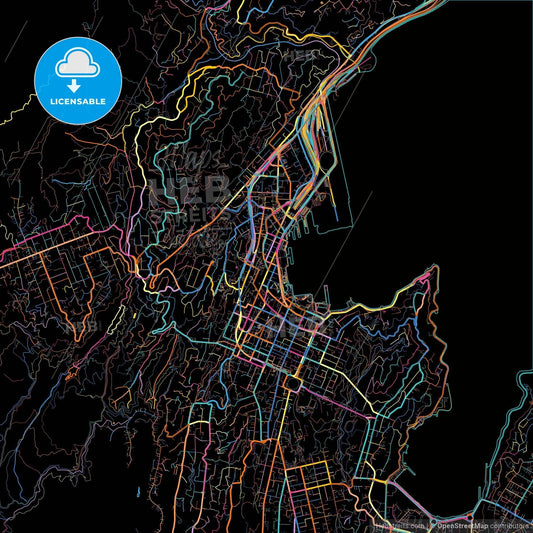 Wellington, New Zealand, colorful city map on black background