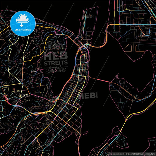 Tauranga, New Zealand, colorful city map on black background