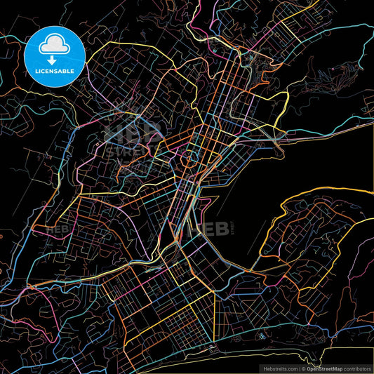 Dunedin, New Zealand, colorful city map on black background