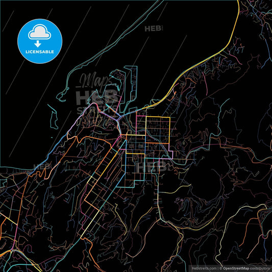 Nelson, New Zealand, colorful city map on black background